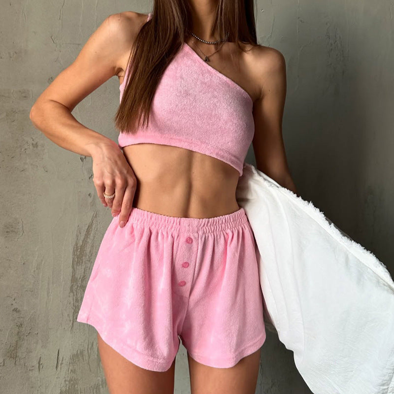 Dames Lounge Sæt – En Skulder Crop Top og Shorts