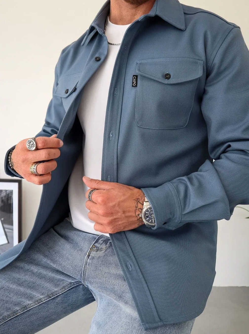 Fritidsovershirt til mænd - langærmet skjortejakke med knapper
